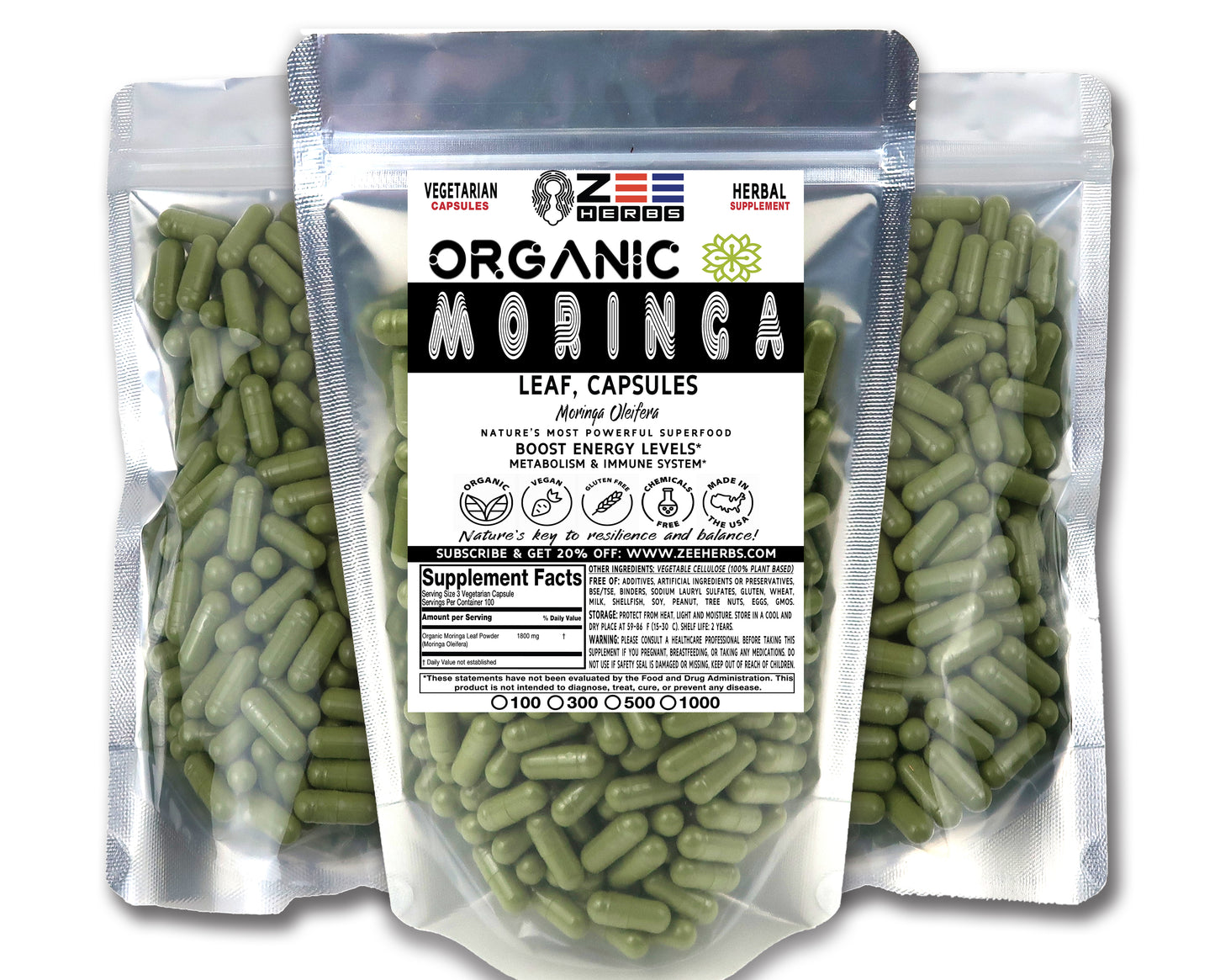 Organic Moringa Capsules 1800mg - High-Potency Superfood for Daily Wellness