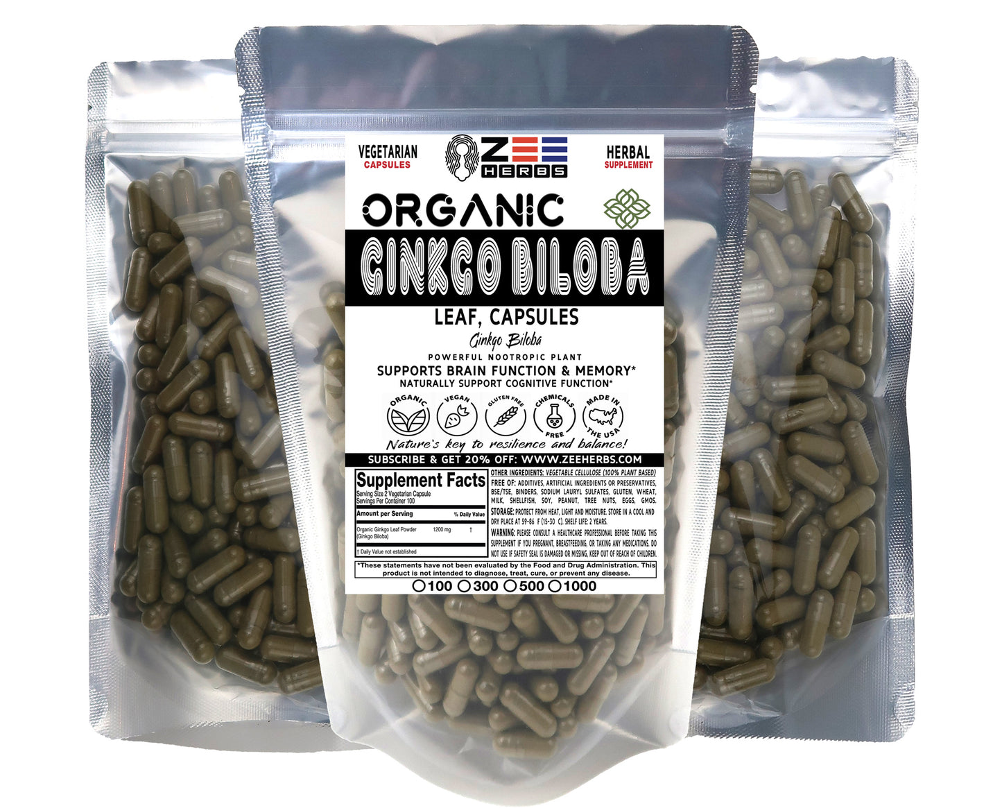 Ginkgo Biloba Leaf Capsules - 1200mg Pure Organic Herbal Supplement