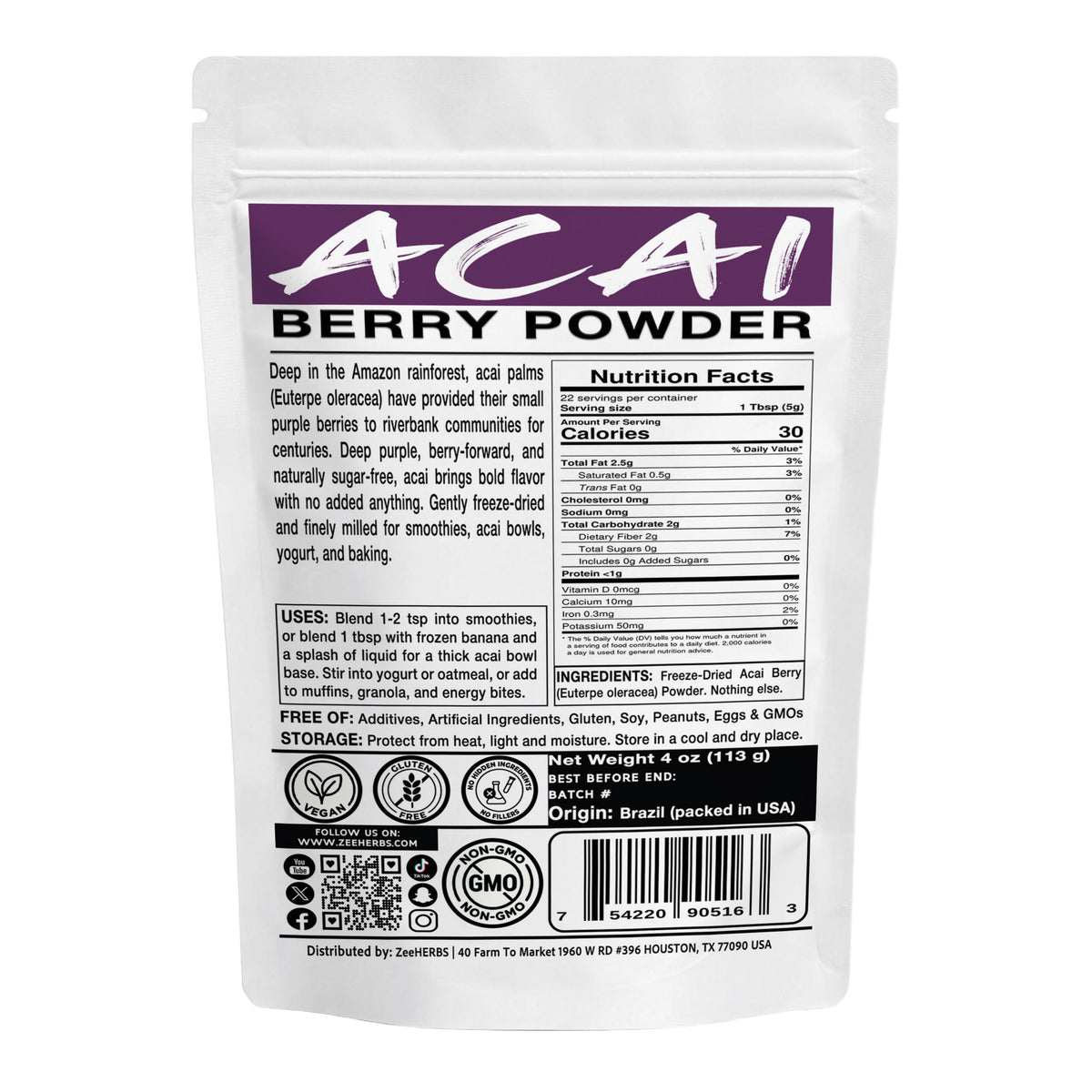 Freeze-Dried Acai Berry Powder - 100% Pure Whole Berry Superfood for Smoothies & Bowls