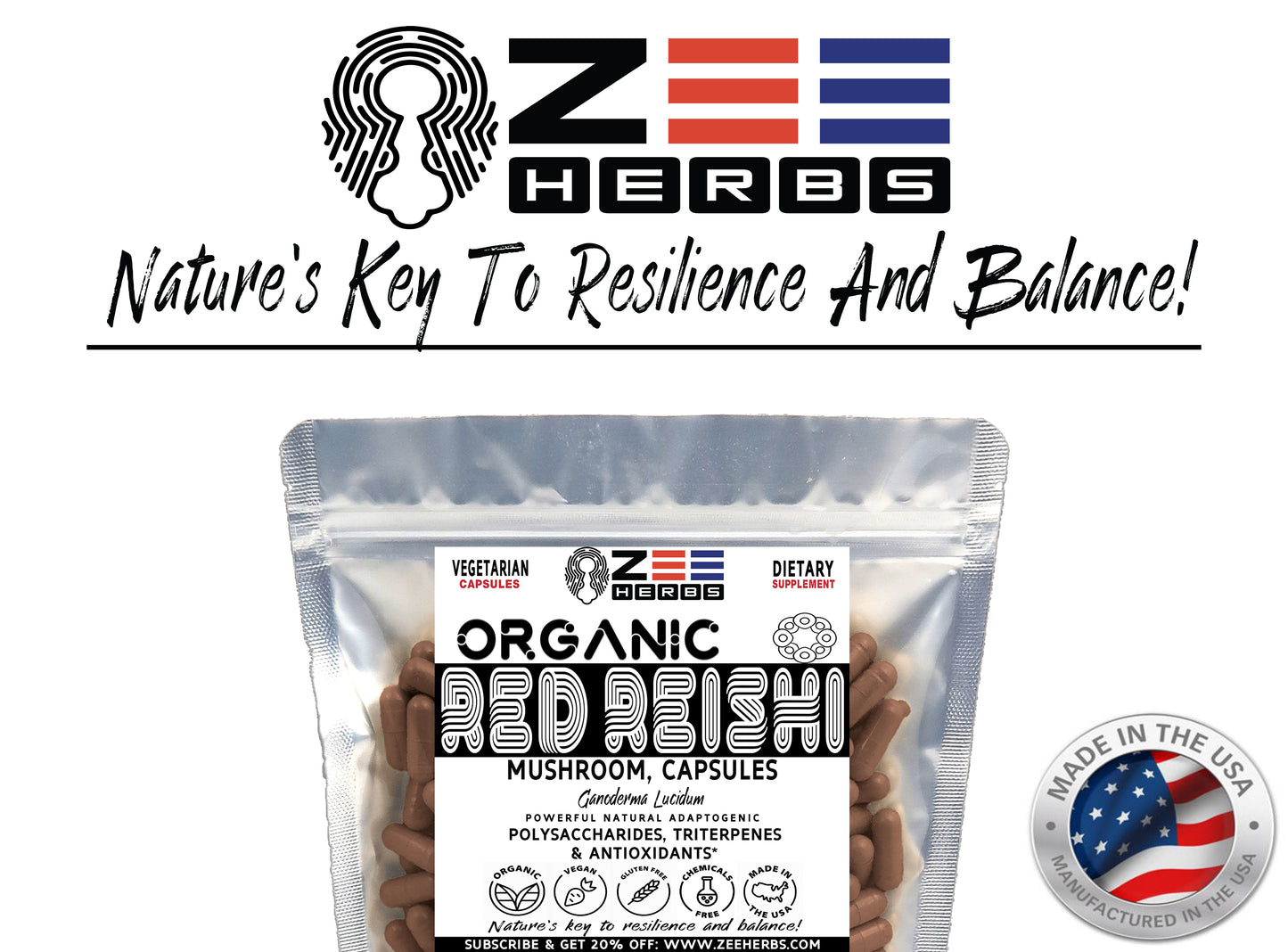 Red Reishi Mushroom Capsules - 1200mg Pure Organic Wellness