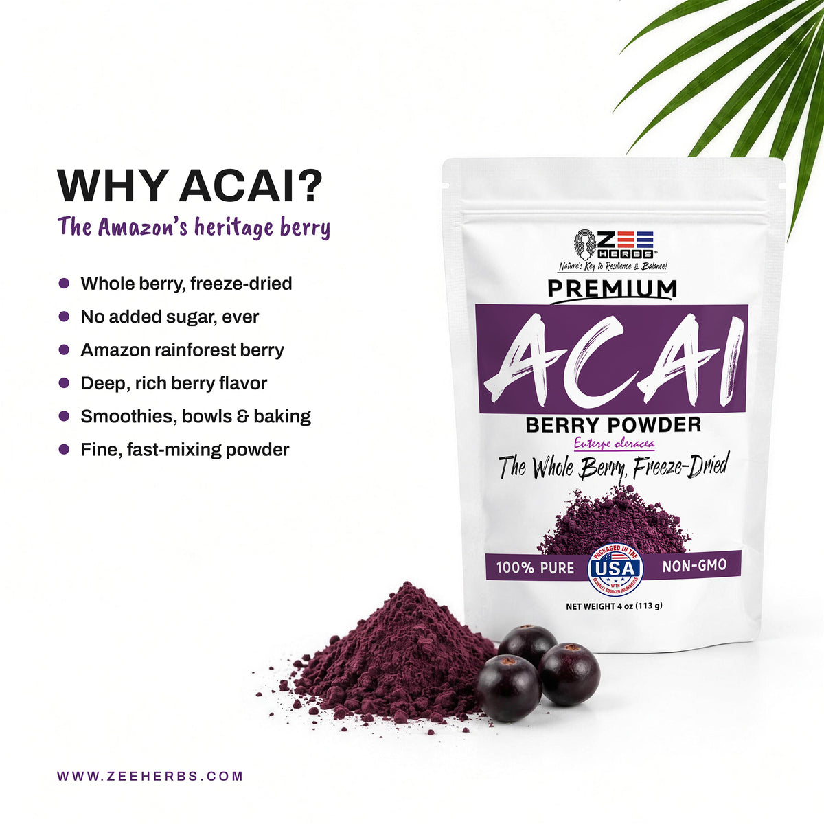 Freeze-Dried Acai Berry Powder - 100% Pure Whole Berry Superfood for Smoothies & Bowls
