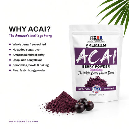 Freeze-Dried Acai Berry Powder - 100% Pure Whole Berry Superfood for Smoothies & Bowls