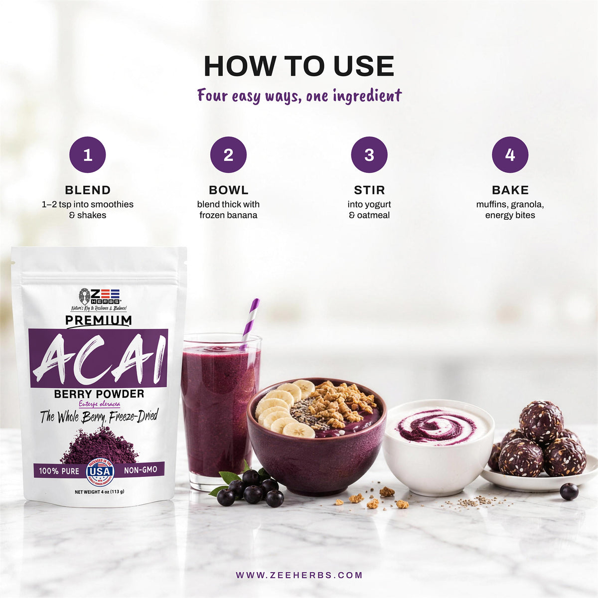 Freeze-Dried Acai Berry Powder - 100% Pure Whole Berry Superfood for Smoothies & Bowls
