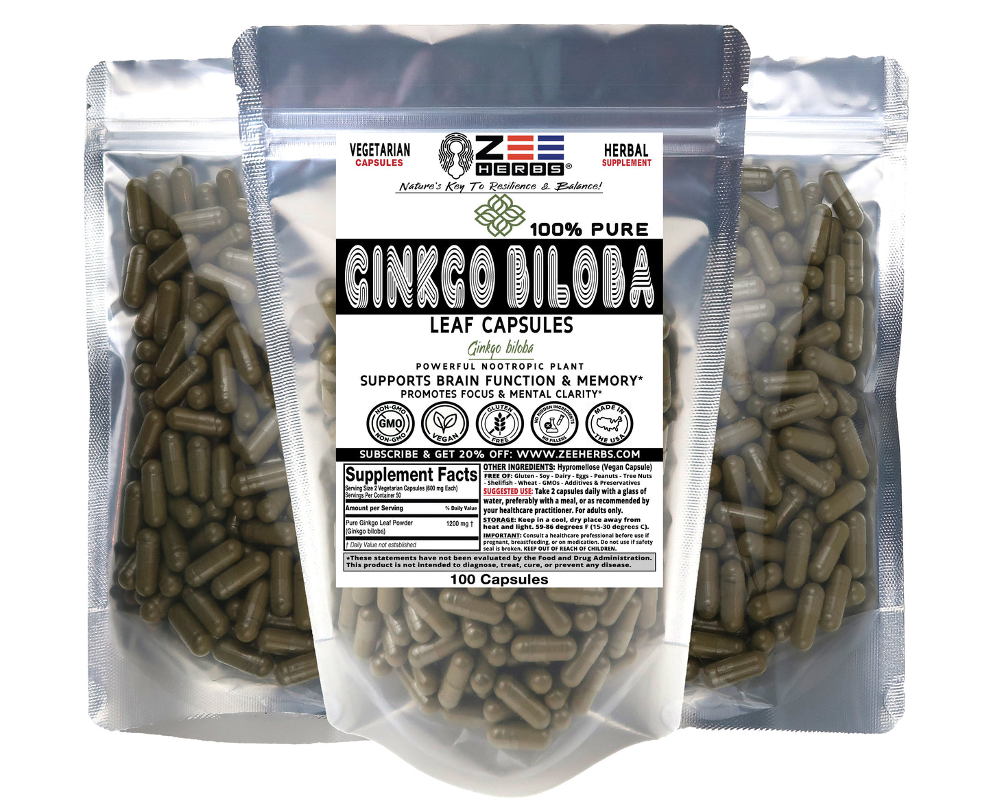 Ginkgo Biloba Leaf Capsules 1200mg | Pure Focus & Memory Support