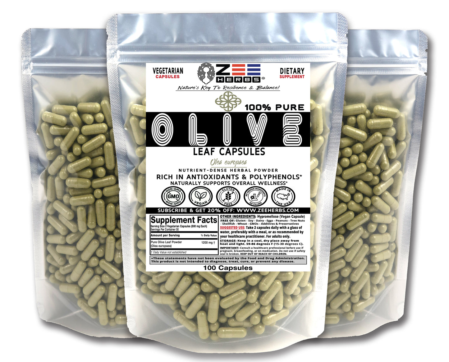 Olive Leaf Capsules 1200mg | Pure Oleuropein Immune & Heart Support